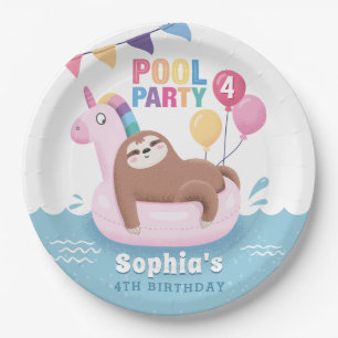 Pool Party Sloth with Balloons Summer Birthday Papieren Bordje