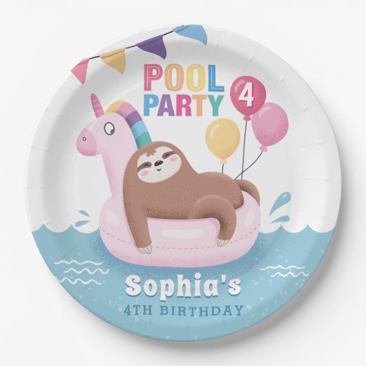 Pool Party Sloth with Balloons Summer Birthday Papieren Bordje (Voorkant)