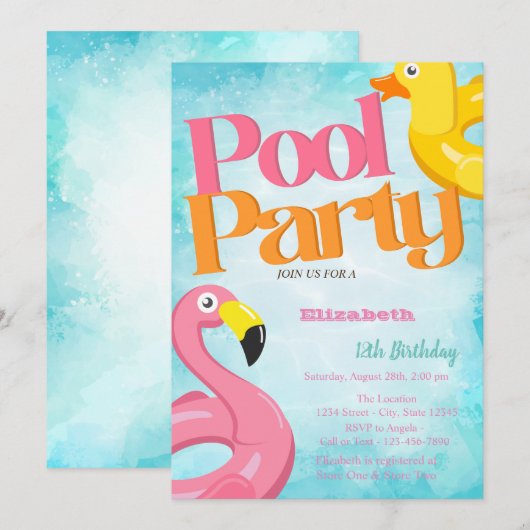 Pool Party Speelgoed Flamingo's Verjaardag Kaart (Voorkant / Achterkant)