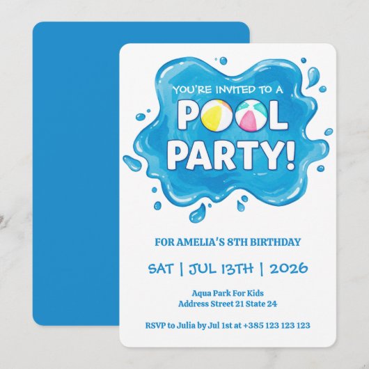 Pool Party Splash Verjaardag Uitnodiging (Voorkant / Achterkant)