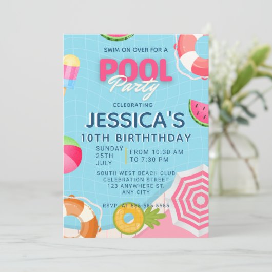 Pool Party Splish Splash Pool Verjaardag Uitnodigi Kaart (Staand voorkant)