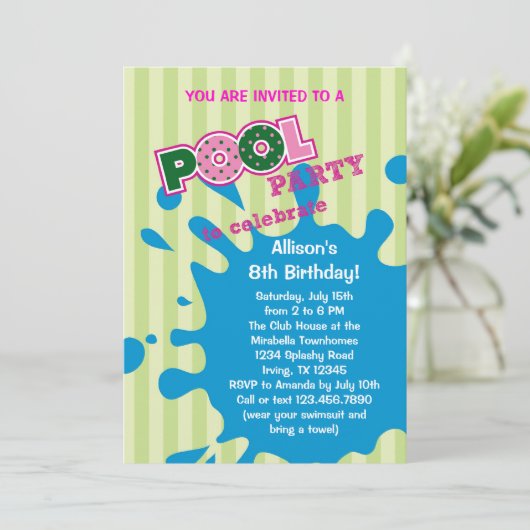 Pool Party Summer Birthday Invitation Kaart (Staand voorkant)
