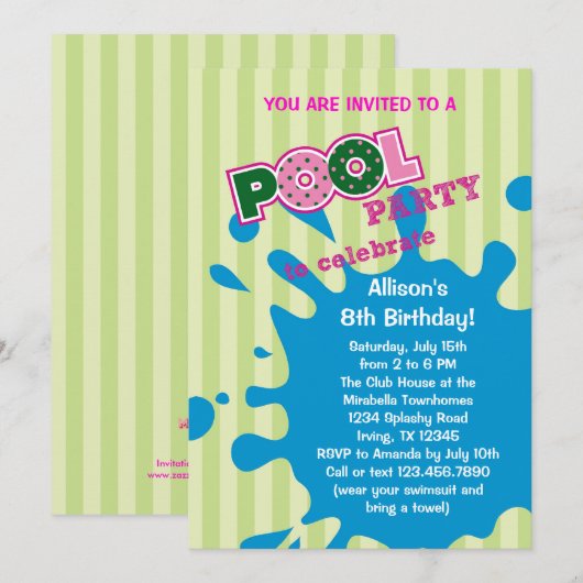 Pool Party Summer Birthday Invitation Kaart (Voorkant / Achterkant)
