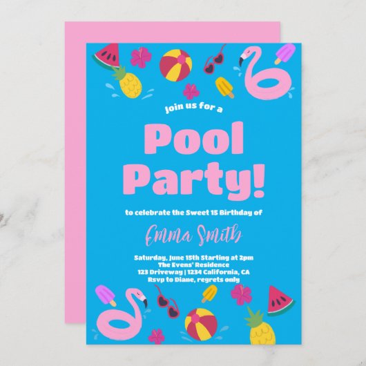 Pool Party Summer Birthday Invitation Kaart (Voorkant / Achterkant)