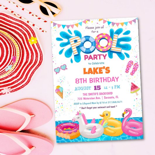 Pool Party Summer Birthday Invitation Kaart