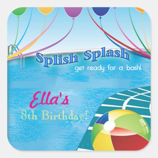 Pool Party Summer Birthday Invitation Vierkante Sticker (Voorkant)