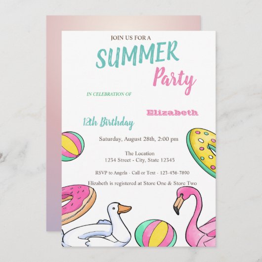 Pool Party Summer Birthday Kaart (Voorkant / Achterkant)