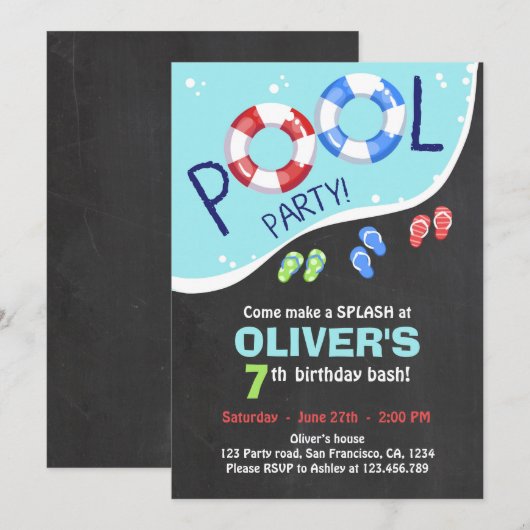 Pool Party Summer Chalkboard Birthday Uitnodiging (Voorkant / Achterkant)