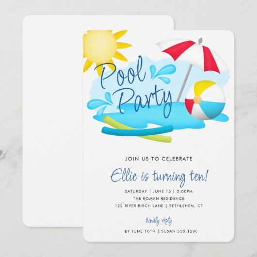 Pool Party Summer Fun Birthday Kaart (Voorkant / Achterkant)