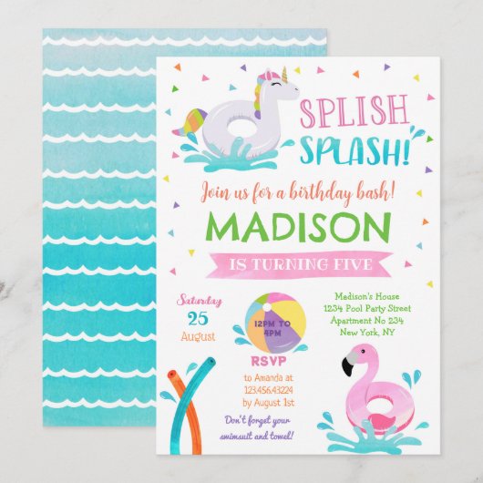 Pool Party Summer Girl Birthday Invitation Save The Date (Voorkant / Achterkant)