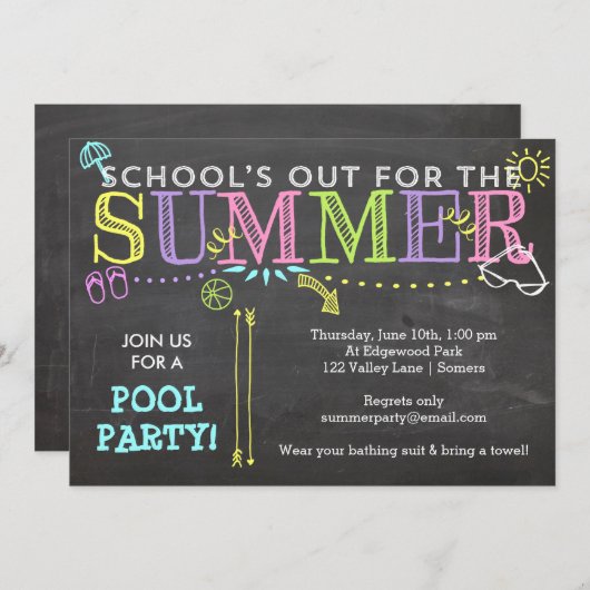 Pool Party Summer Invitation-School uit Neon Kaart (Voorkant / Achterkant)