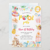 Pool Party Summer Theme Birthday Party Invitation Kaart (Voorkant / Achterkant)