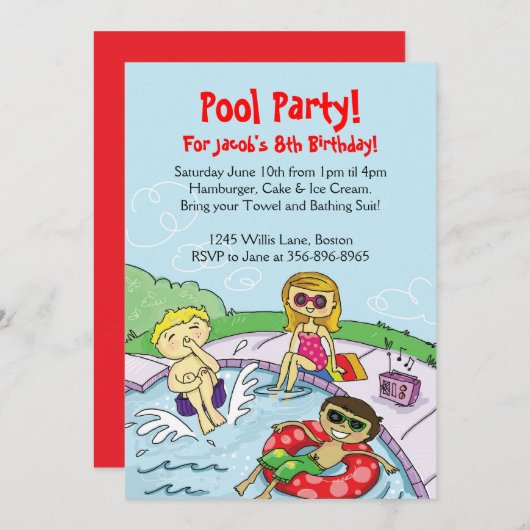 Pool Party Thmed Birthday Invitation Kaart (Voorkant / Achterkant)