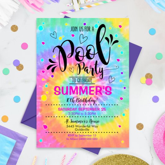 Pool Party Tie Dye Invitation Pool Birthday Kaart