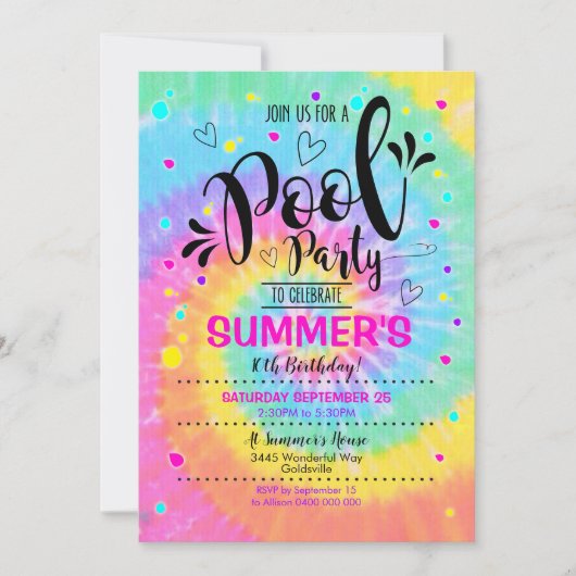 Pool Party Tie Dye Invitation Pool Birthday Kaart (Voorkant)