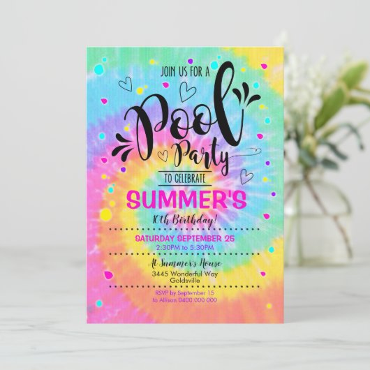 Pool Party Tie Dye Invitation Pool Birthday Kaart (Staand voorkant)