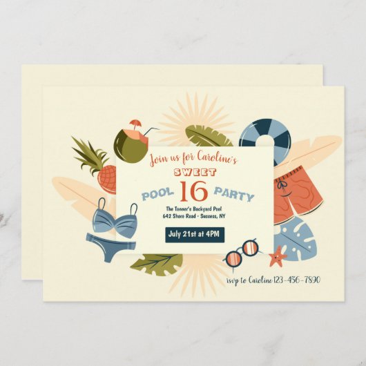 Pool Party Time Invitation Kaart (Voorkant / Achterkant)