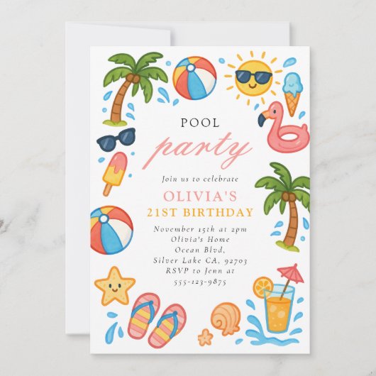 Pool Party Tropical Summer Birthday Party Kaart (Voorkant)