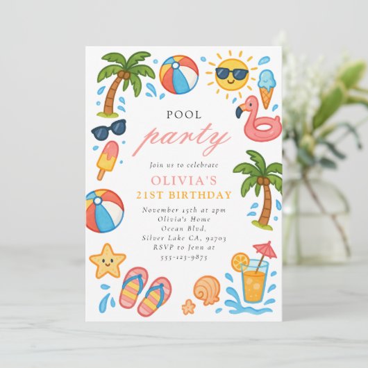 Pool Party Tropical Summer Birthday Party Kaart (Staand voorkant)