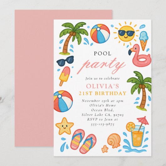 Pool Party Tropical Summer Birthday Party Kaart (Voorkant / Achterkant)