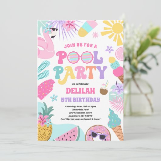 Pool Party Tropical Summer Pool Birthday Kaart (Staand voorkant)