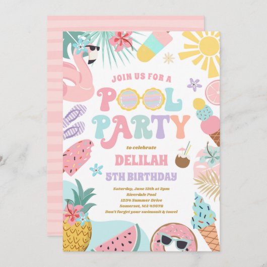 Pool Party Tropical Summer Pool Birthday Kaart (Voorkant / Achterkant)