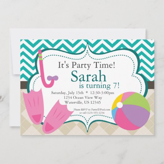 Pool Party Turquiose Chevron en Tan Argyle Invite Kaart (Voorkant)