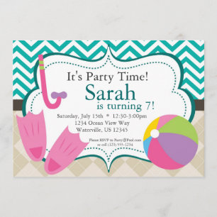 Pool Party Turquiose Chevron en Tan Argyle Invite Kaart