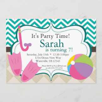 Pool Party Turquiose Chevron en Tan Argyle Invite Kaart