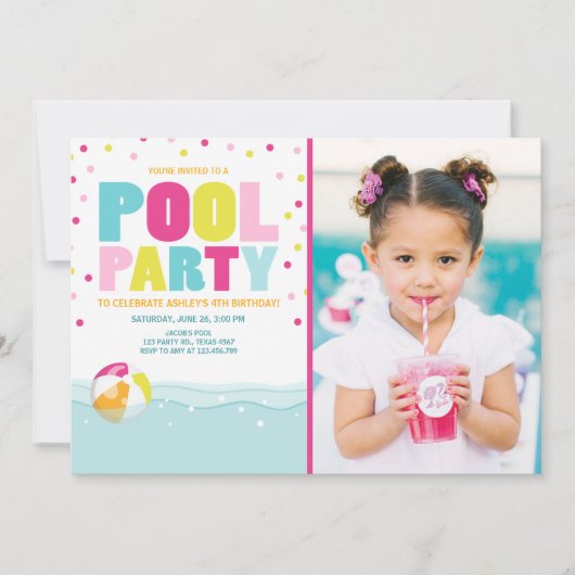 Pool party uitnodiging Birthday Girl Pink Yellow (Voorkant)