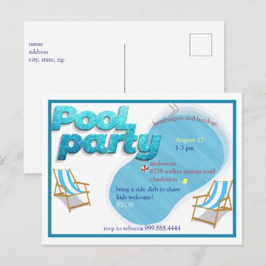 Pool Party Uitnodiging Briefkaart (Voorkant / Achterkant)