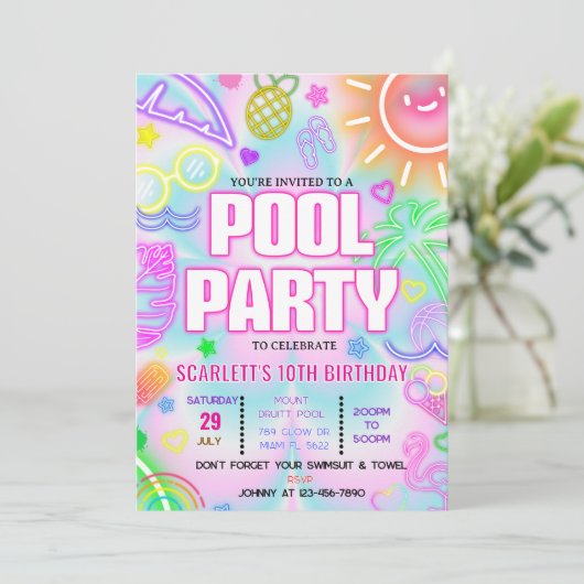 pool party uitnodiging, Glow neon Tropical PTD01 Kaart (Staand voorkant)