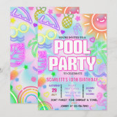 pool party uitnodiging, Glow neon Tropical PTD01 Kaart (Voorkant / Achterkant)