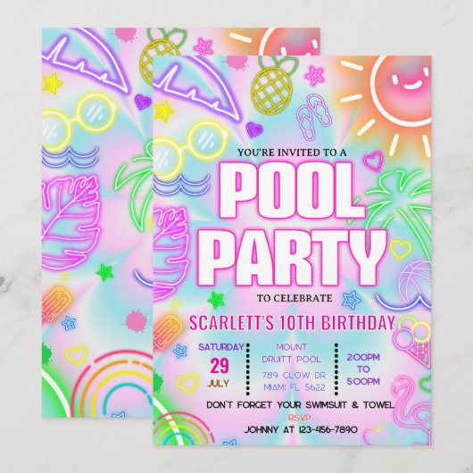 pool party uitnodiging, Glow neon Tropical PTD01 Kaart (Voorkant / Achterkant)