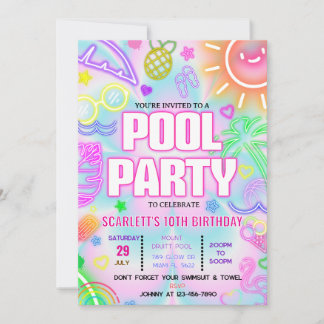pool party uitnodiging, Glow neon Tropical PTD01 Kaart