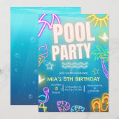 Pool Party uitnodiging, Glow neon Tropische Verjaa Kaart (Voorkant / Achterkant)