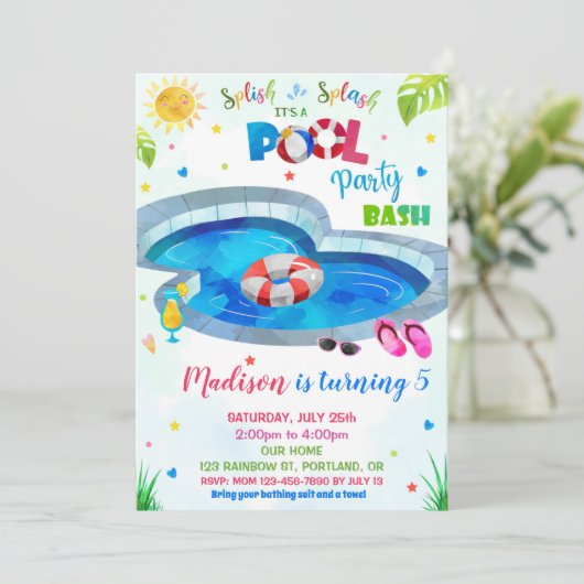 Pool party uitnodiging Pool verjaardaguitnodiging (Staand voorkant)