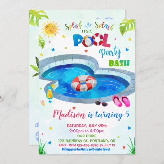 Pool party uitnodiging Pool verjaardaguitnodiging (Voorkant / Achterkant)