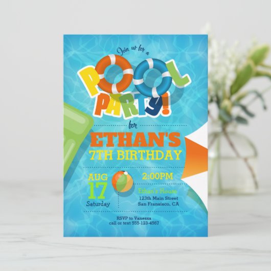 Pool Party Uitnodiging - Pool / Zomer Uitnodiging (Staand voorkant)