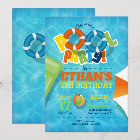 Pool Party Uitnodiging - Pool / Zomer Uitnodiging (Voorkant / Achterkant)