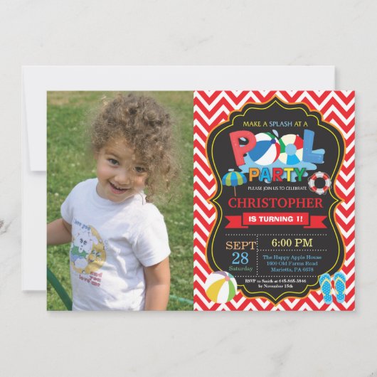 Pool Party Uitnodiging Red Splish Splash Boy (Voorkant)