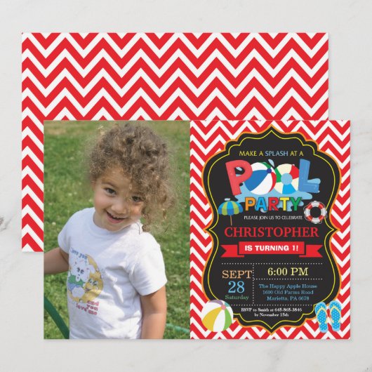 Pool Party Uitnodiging Red Splish Splash Boy (Voorkant / Achterkant)