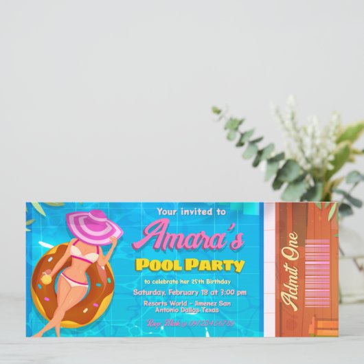 Pool Party Uitnodiging Ticket Uitnodiging (Staand voorkant)