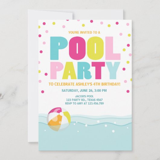 Pool party uitnodiging Verjaardag Meisje Roze Geel (Voorkant)