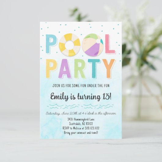 Pool Party uitnodiging voor verjaardag en evenemen (Staand voorkant)