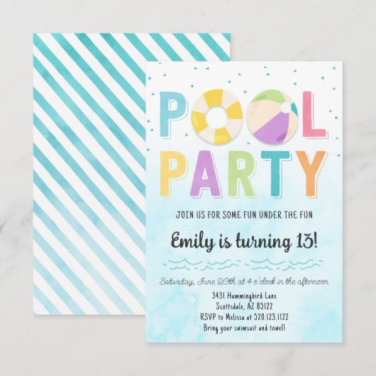 Pool Party uitnodiging voor verjaardag en evenemen (Voorkant / Achterkant)