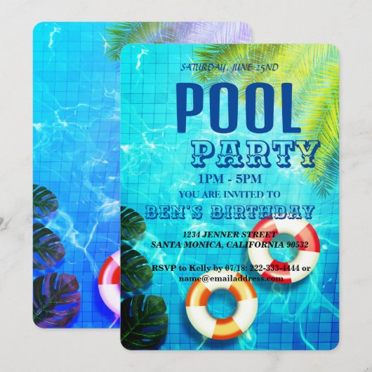Pool Party | Uitnodiging voor zwemvogels (Voorkant / Achterkant)