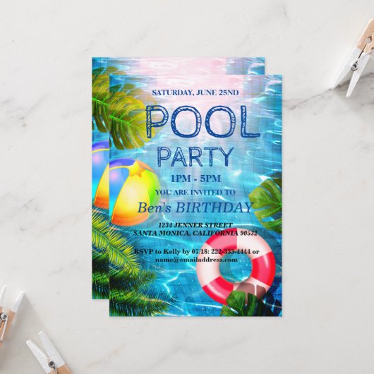Pool Party | Uitnodiging voor zwemvogels (Voorkant / Achterkant in situ)