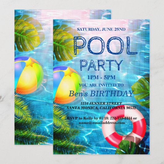 Pool Party | Uitnodiging voor zwemvogels (Voorkant / Achterkant)