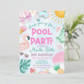 Pool Party Uitnodiging, Zomer Meisje Verjaardagsfe Kaart (Staand voorkant)
